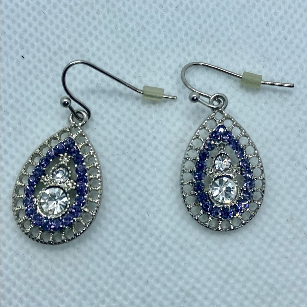 Vintage Purple and Clear Rhinestone Oval Silverplated Drop Earrings